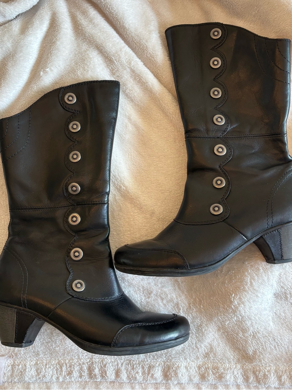Remonte Black Mid-Calf Leather Boots Fleece Lined Goth Renfaire Granny